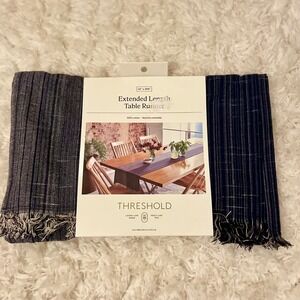Threshold Navy Blue Striped Table Runner Fringe 14 x 108 Cotton Machine Washable